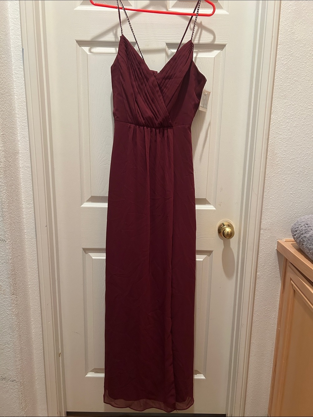 David's Bridal Burgundy V-Neck Spaghetti Strap Maxi Gown